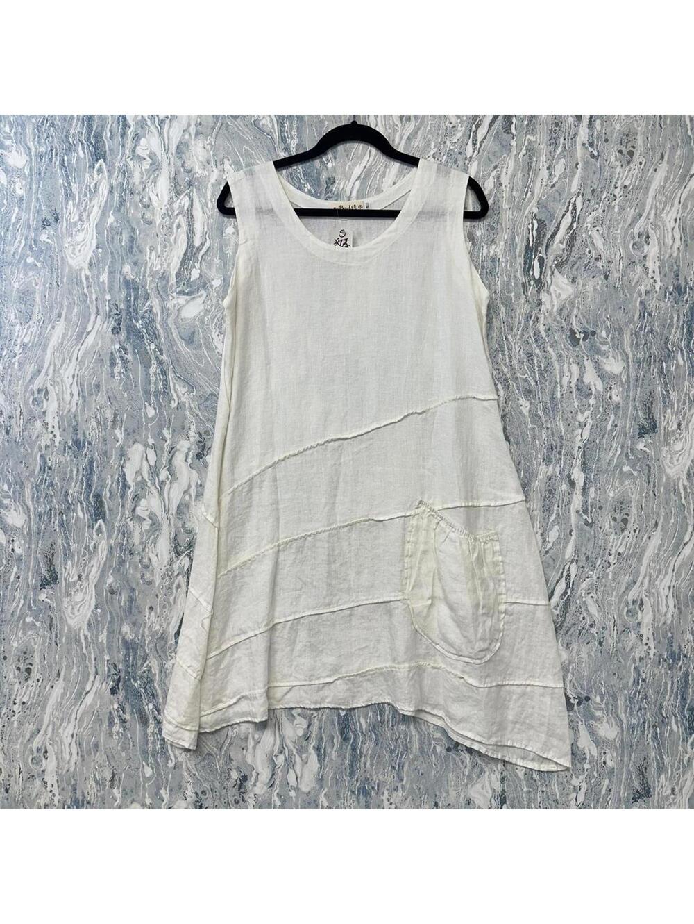 Bodil Boho White Sleeveless Tank Dress with Pocket (S)